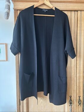 Eileen Fisher Black Short-Sleeve Open-Front Cardigan with Pockets Large